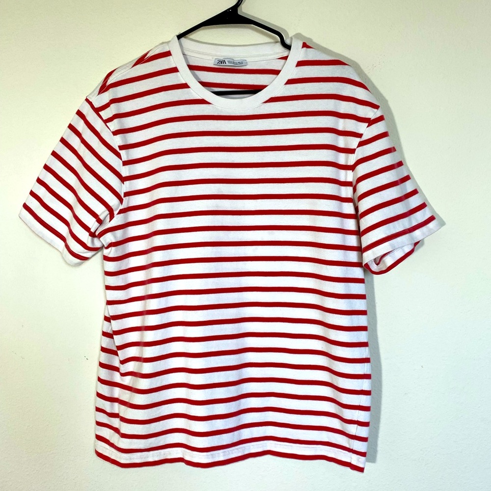 Zara Shirt Stretch Womens Oversized Tee white red thick knit t-shirt blouse top